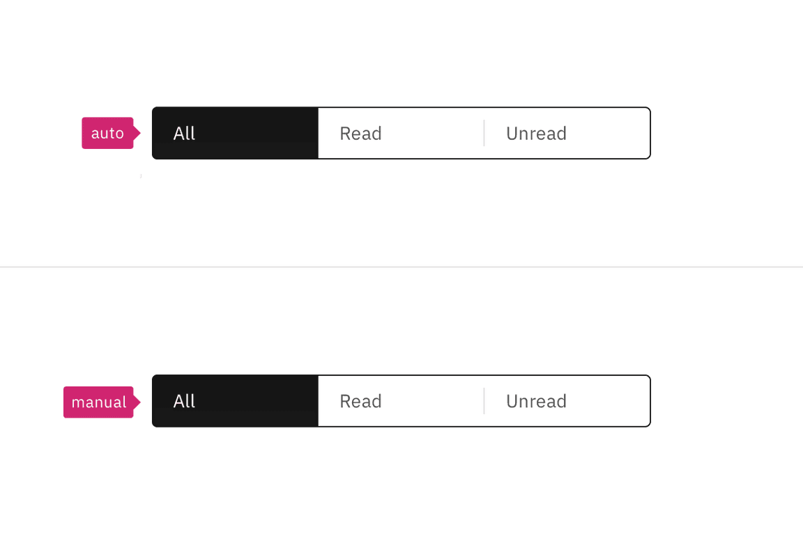 Two content switchers, one with a pink annotation reading "auto", the other with an annotation "manual"